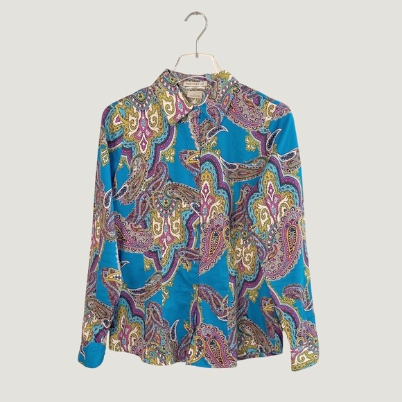 Van Heusen Studio Tops - Van Heusen Studio Womens Blue Paisley Cotton Button Down Fitted Blouse Small